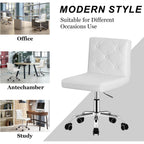Vecelo Pu Leather Mid-Back Armless Vanity Chair Adjustable Height 360° Rolling Swivel For Home Office Work, White