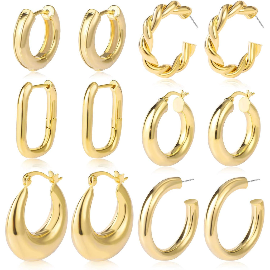 6 Pairs Chunky Gold Hoop Earrings Set for Women 14K Gold Plated Hypoallergenic Thick Open Huggie Hoop Set Jewelry for Gifts