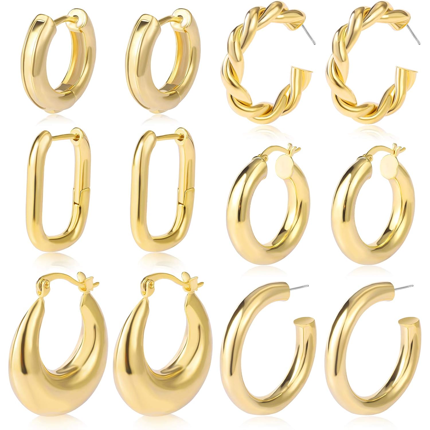 6 Pairs Chunky Gold Hoop Earrings Set for Women 14K Gold Plated Hypoallergenic Thick Open Huggie Hoop Set Jewelry for Gifts