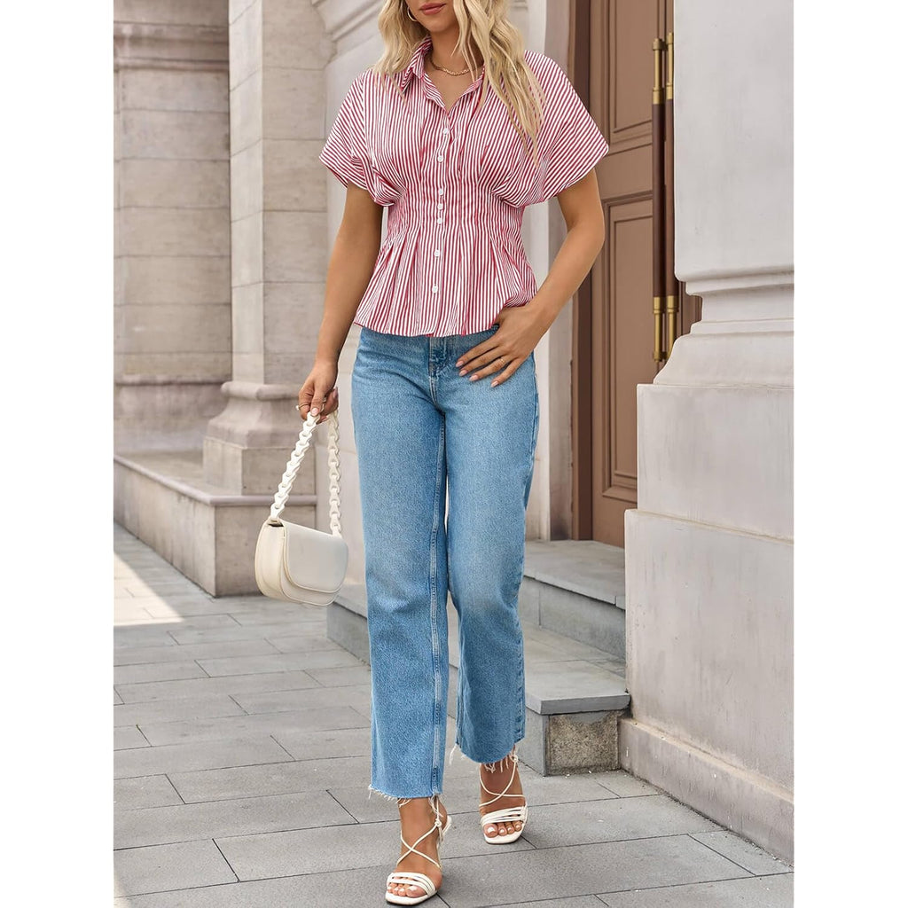 Womens Striped Peplum Button Down Shirts Short Sleeve Pleated Tops Summer Business Casual Blouses