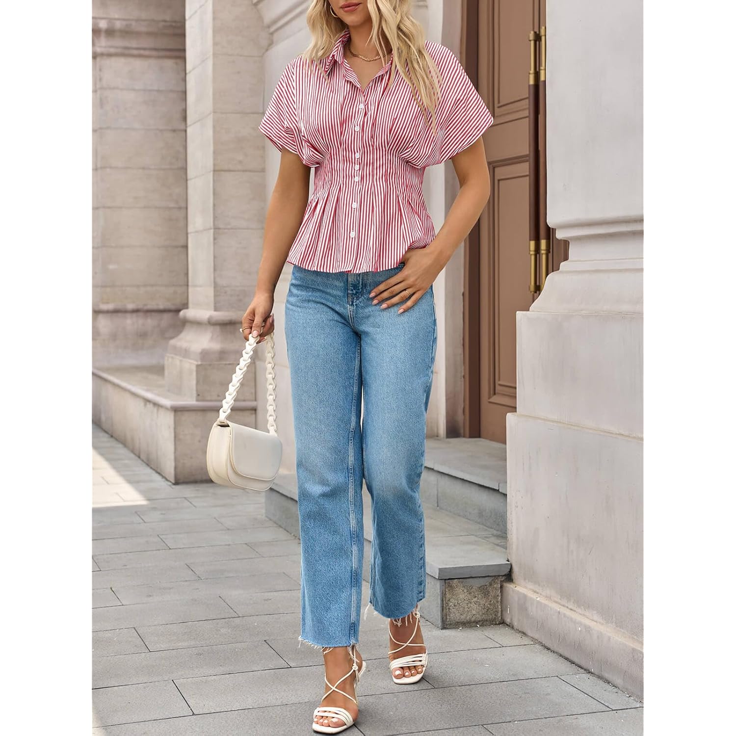 Womens Striped Peplum Button Down Shirts Short Sleeve Pleated Tops Summer Business Casual Blouses