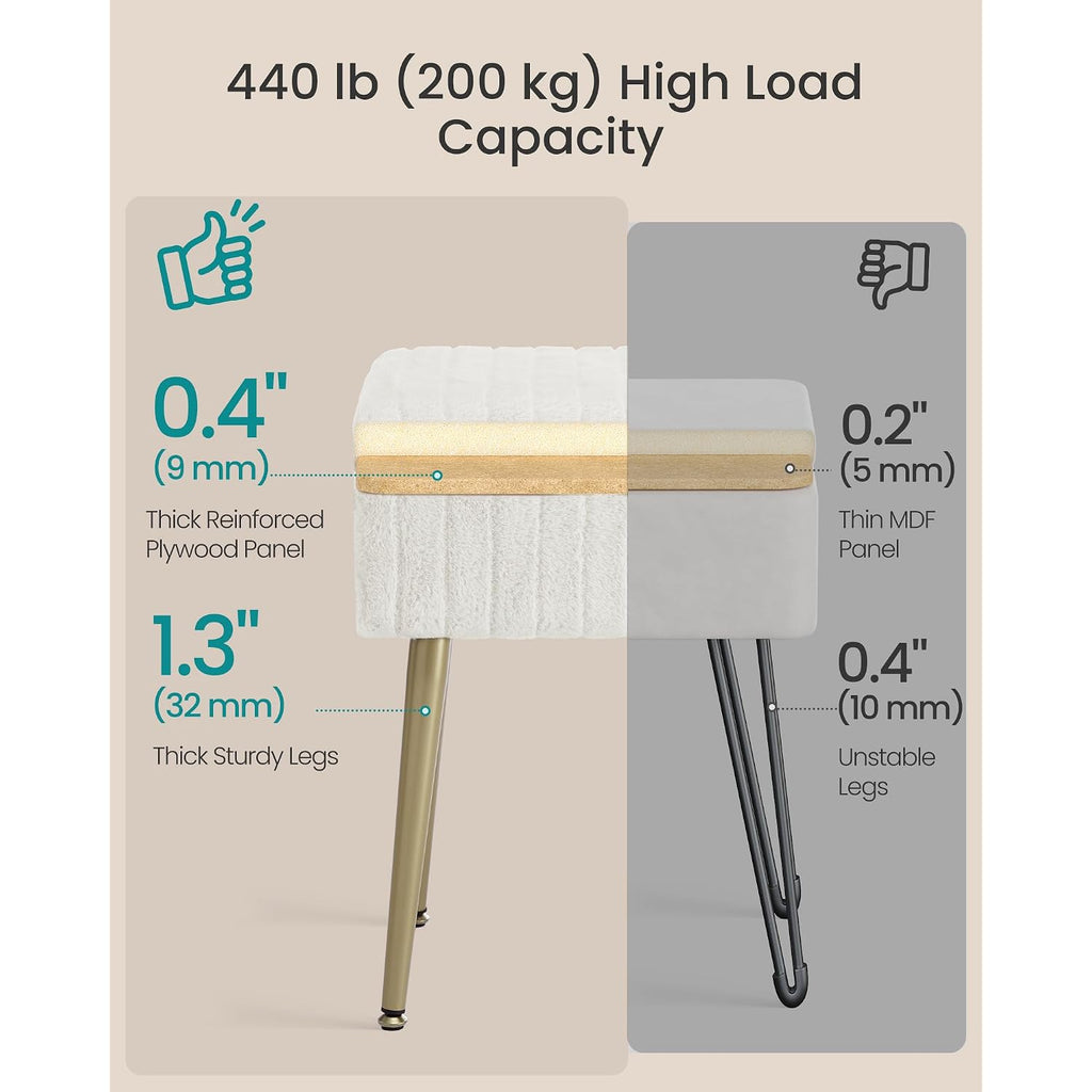 Songmics Vanity Stool Chair Faux Fur With Storage, Vanity Bench, Metal Legs, Adjustable Feet, For Living Room, Bedroom, Makeup Room, Cream White Ulom505Wz02