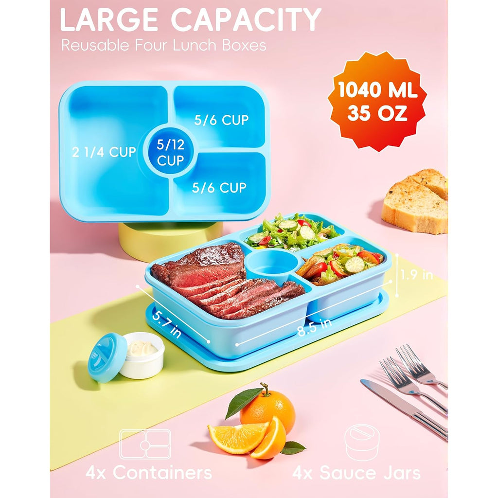 Canfanni 4 Pcs Bento Snack Box Containers, 4 Compartment Divided Stackable Food Storage Containers With Lids, Meal Prep Lunch Container With Sauce Cups