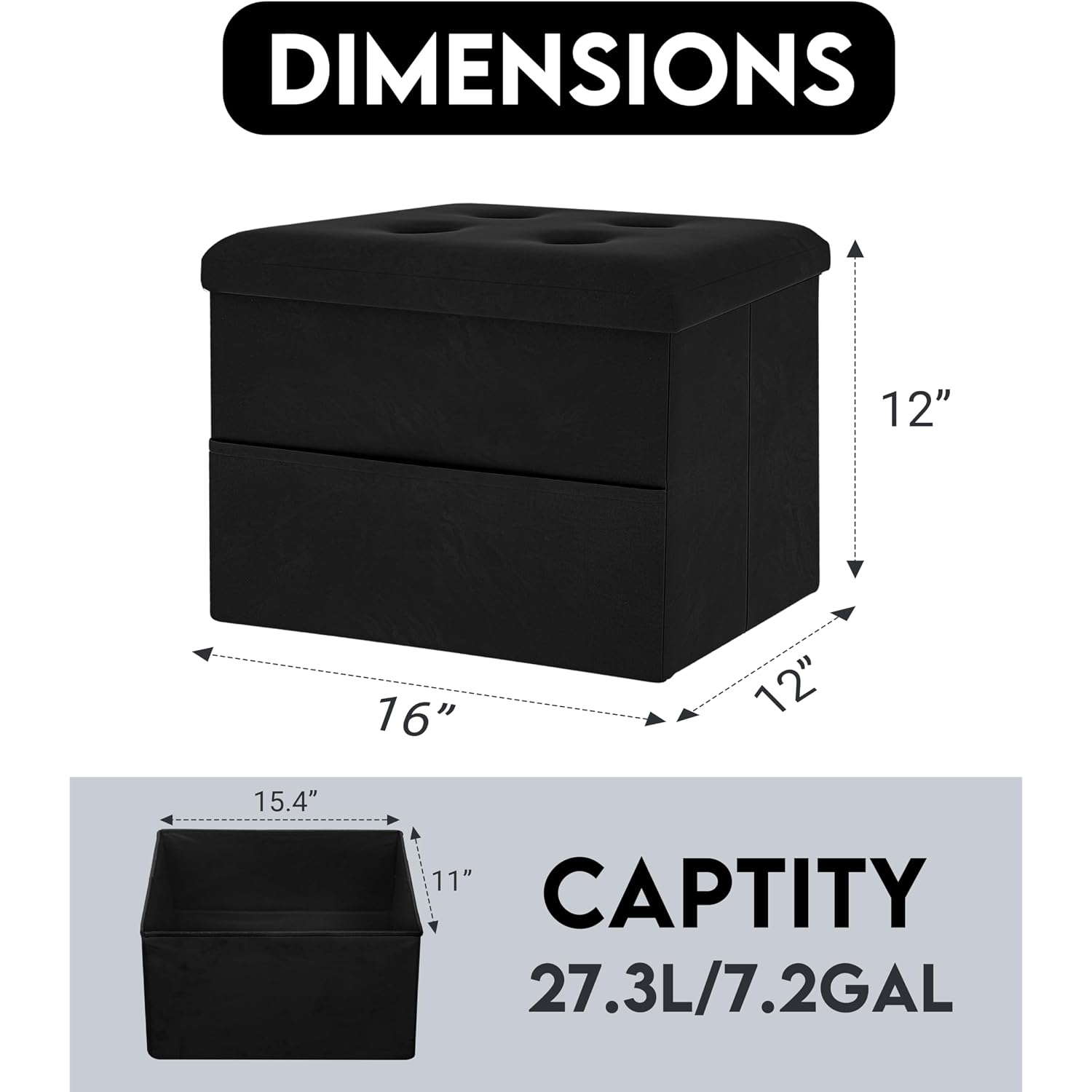 Zoes Homeware Small Storage Ottoman Foot Rest, Velvet Ottoman With Storage And Side Pocket, Black Foot Rest For Couch, Foldable Footstool For Chair, Living Room&Dorm, 16"X12"X12"