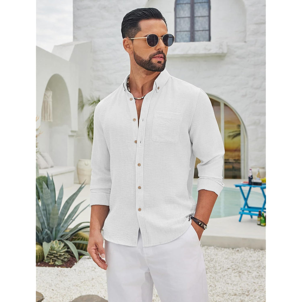 Coofandy Men'S Long Sleeve Button Down Shirt Casual Untucked Shirts Summer Beach Wedding Linen Textured Shirts