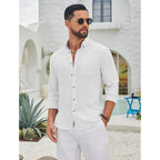 Coofandy Men'S Long Sleeve Button Down Shirt Casual Untucked Shirts Summer Beach Wedding Linen Textured Shirts