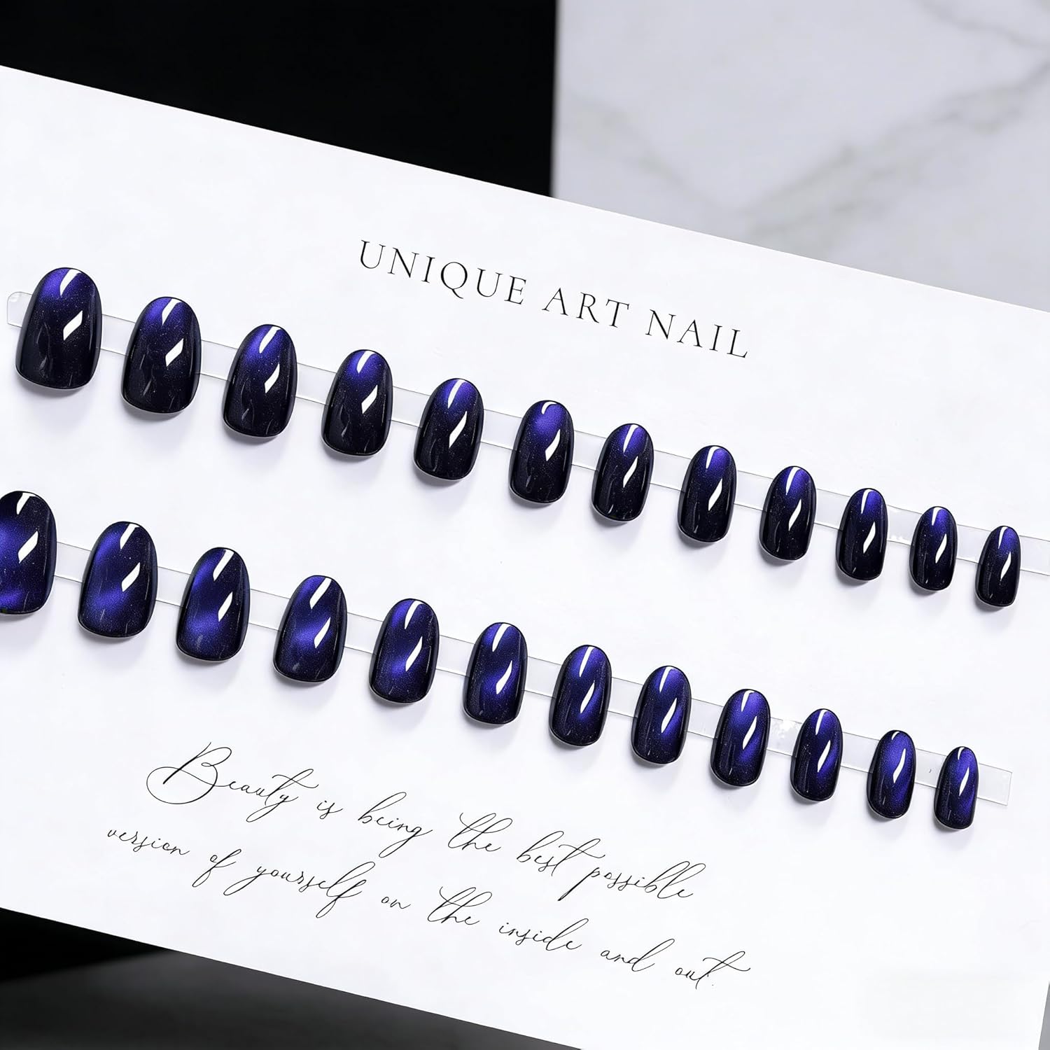 KQueenest Cat Eye Press on Nails Short Oval, Dark Violet Blue Fake Nails Extra Short Almond, Glitter Chrome Black Glue on Nails, Reusable Sparkly Stick on Nails for Women Finger Decoration, 24 Pcs