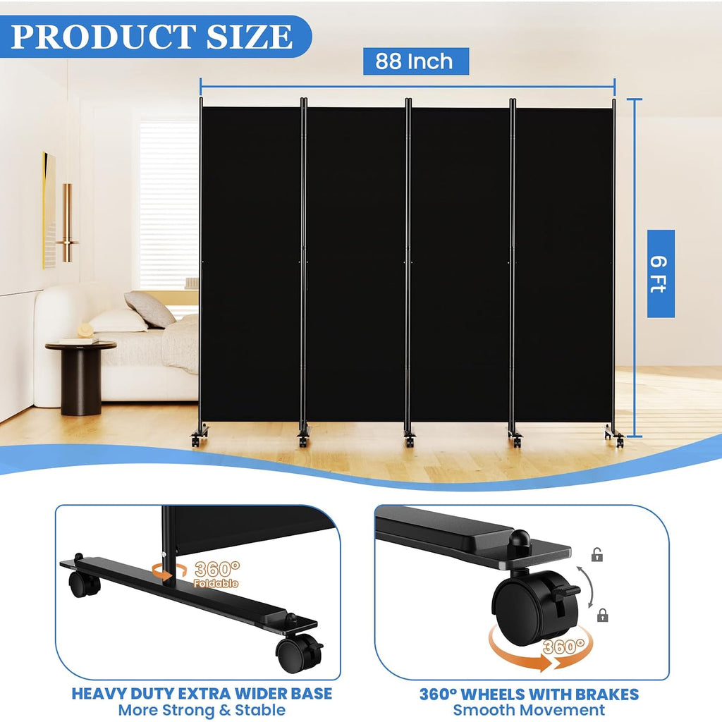 Room Divider 6Ft Folding Privacy Screens With Lockable Wheels, 4 Panel Room Partition For Room Separator, 88" W Freestanding Portable Fabric Wall Dividers For Home Dorm Studio Office, Black