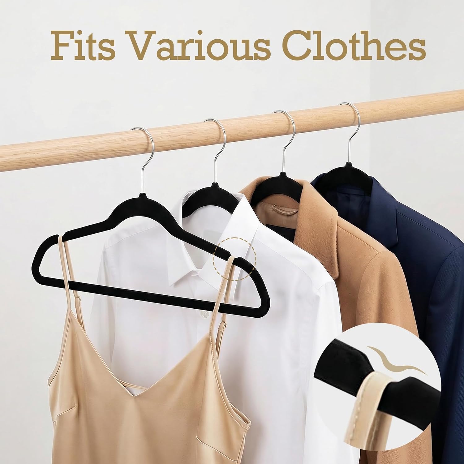 House Day Black Velvet Hangers 60 Pack, Non Slip Clothes Felt Hanger Heavy Duty For Coat, Premium Slim Space Saving Suit Hangers For Closet Organizer, 360° Rotating Silver Hook