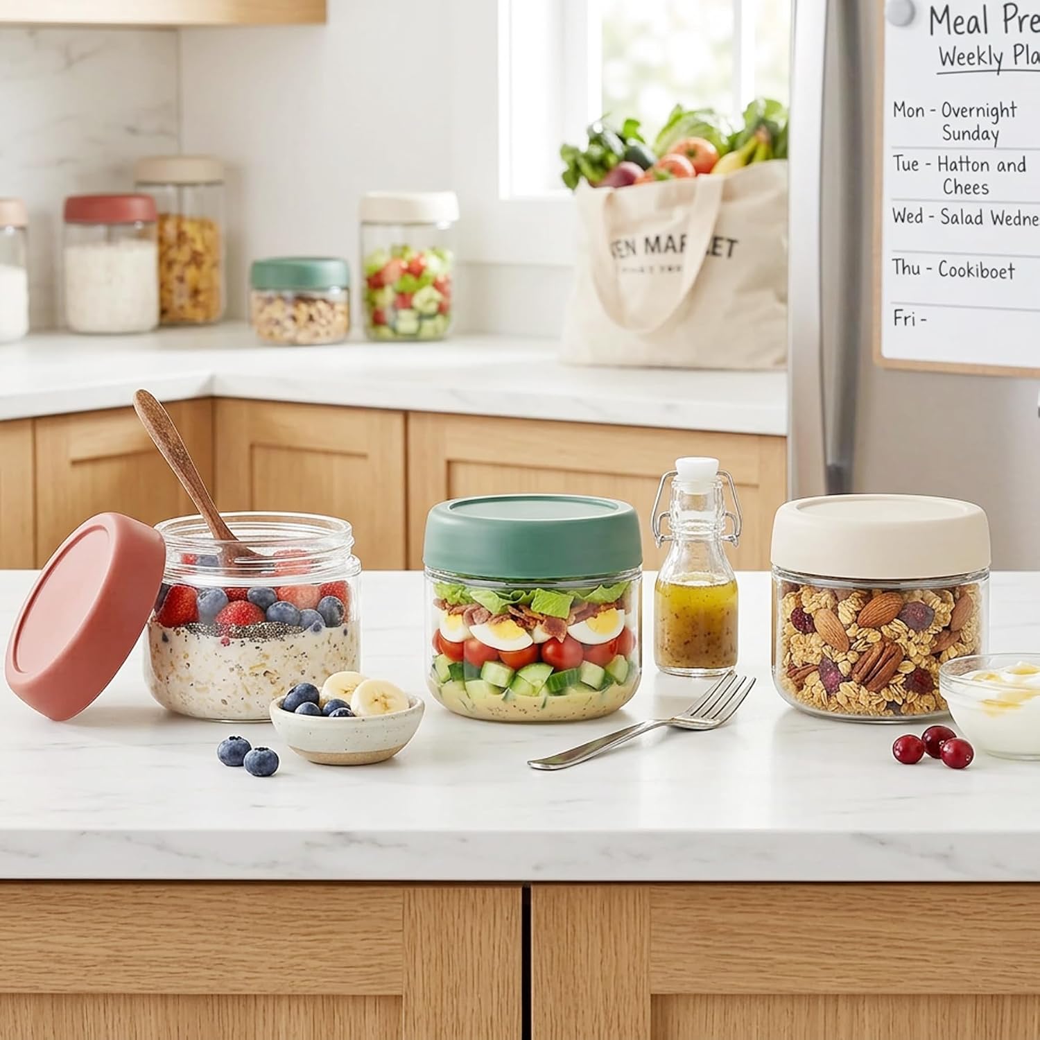 3Pack Overnight Oats Containers With Lids,10Oz Glass Jar With Scew Lid,Salad Dressing Fruit Veggies Sauce Snacks Meal Prep Food Containers,Spice Jars,Wide Mouth Storage Containers