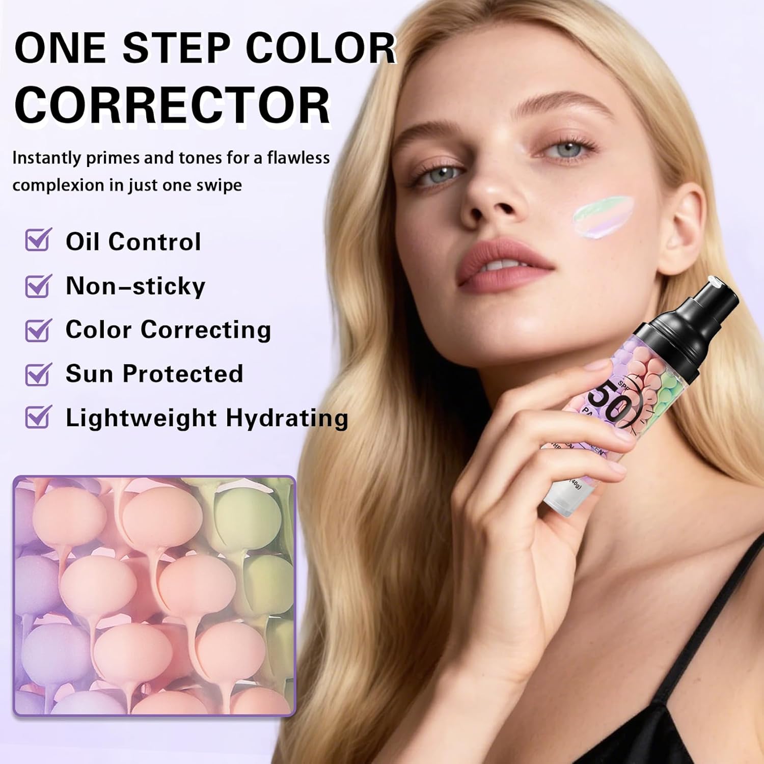 2PCS Color Correcting Primer Face Makeup with Powder Puff,Face Primer with SPF 50,Oil Control Primer Makeup,Hydrates and Moisturizes,Radiance Skin,Protector Solar Para La Cara Con Color