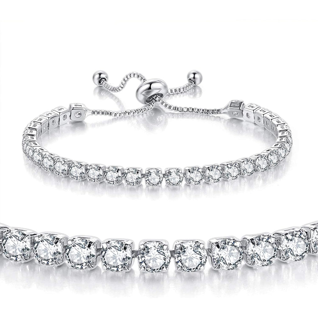 Tennis Bracelets for Women White Gold Plated Diamond AAA+ Cubic Zirconia CZ Dainty Classic Adjustable Slider Bracelet Silver Fashion Jewelry Wedding Gift