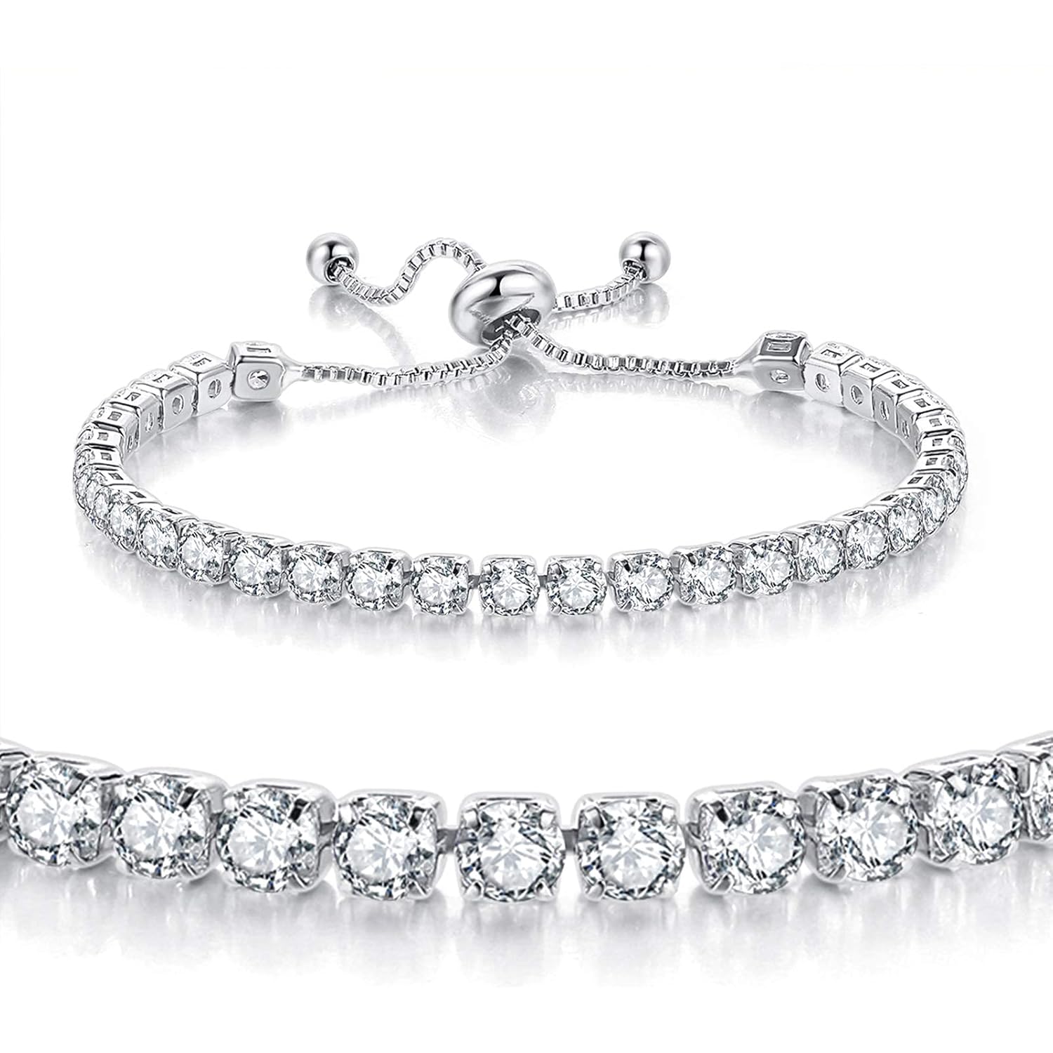 Tennis Bracelets for Women White Gold Plated Diamond AAA+ Cubic Zirconia CZ Dainty Classic Adjustable Slider Bracelet Silver Fashion Jewelry Wedding Gift