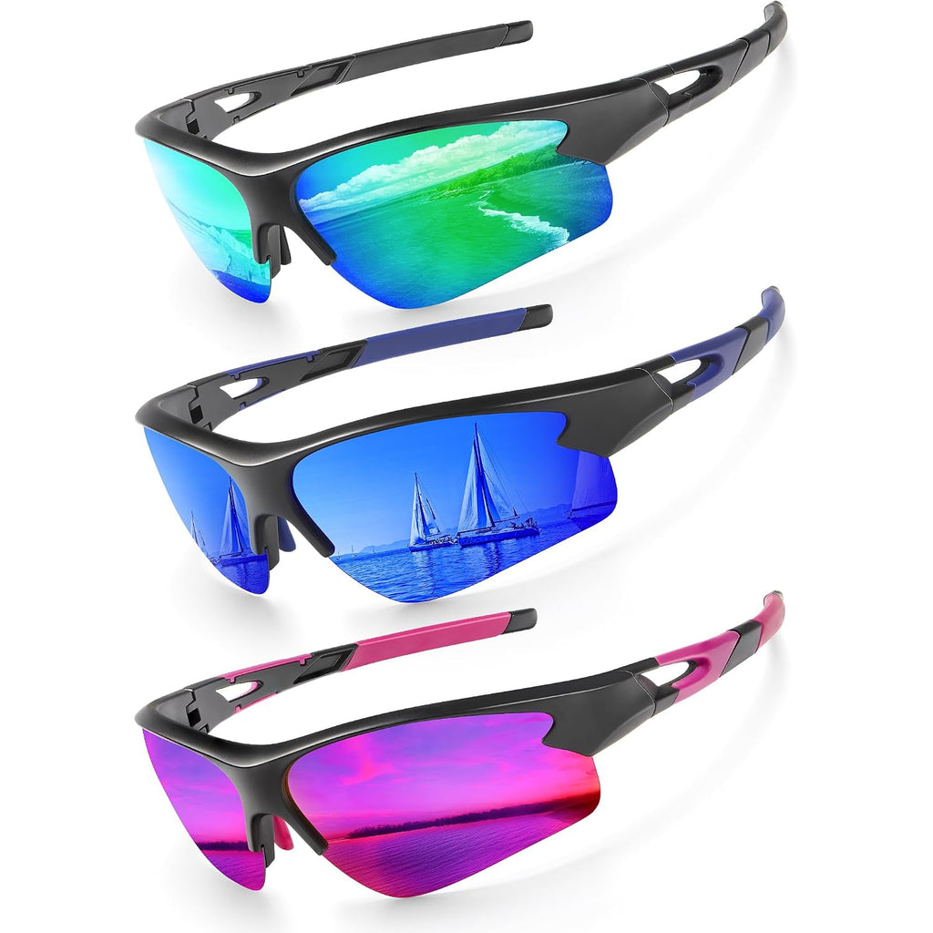 KALIYADI Sports Sunglasses for Men, Polarized Sun Glasses for Men Women Youth Baseball Softball with UV Protection (3 Packs) Purplish Red/Dark Blue/Blue Green