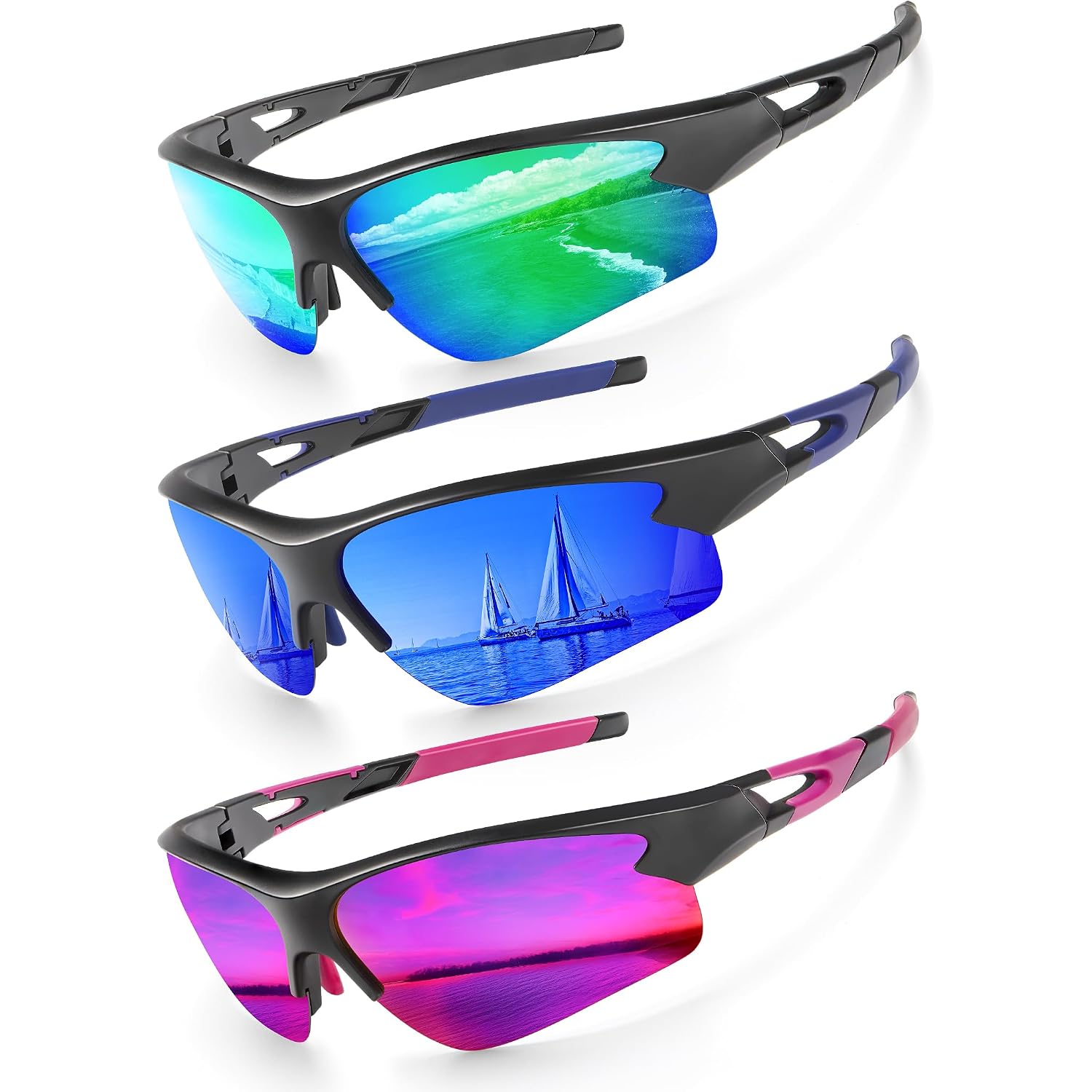 KALIYADI Sports Sunglasses for Men, Polarized Sun Glasses for Men Women Youth Baseball Softball with UV Protection (3 Packs) Purplish Red/Dark Blue/Blue Green