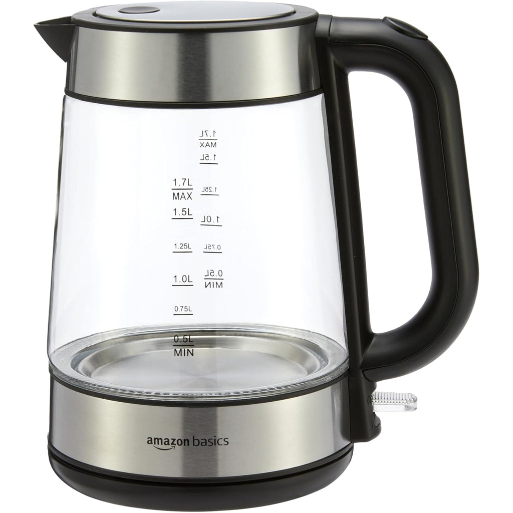 Amazon Basics Electric Kettle with Glass Carafe for Tea and Coffee, BPA-Free, Fast Boiling, Auto Shut-Off, Boil-Dry Protection, Water Level Indicator, 1.7 Liter, 1500W, Black and Silver