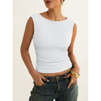Tank Tops for Women 2026 Summer Going Out Crop Top Sleeveless Boat Neck Rib Tight Ruched Tee Shirts Vacation Clothes