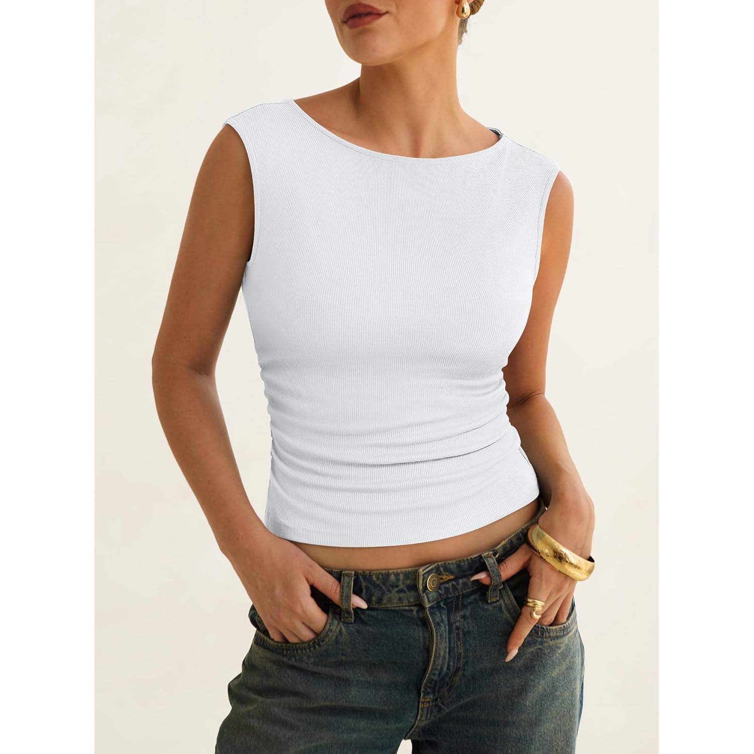 Tank Tops for Women 2026 Summer Going Out Crop Top Sleeveless Boat Neck Rib Tight Ruched Tee Shirts Vacation Clothes