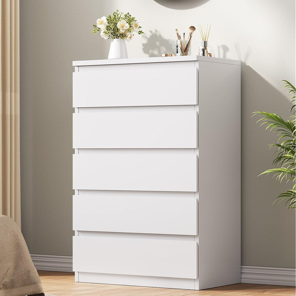 Jocoevol White 5 Drawer Dresser For Bedroom, 15" D X 23.7" W X 40.4" H In Simply Modern Chest Of Drawers, Wood Storage Dresser With Deep Drawers For Living Room Hallway Entryway, White