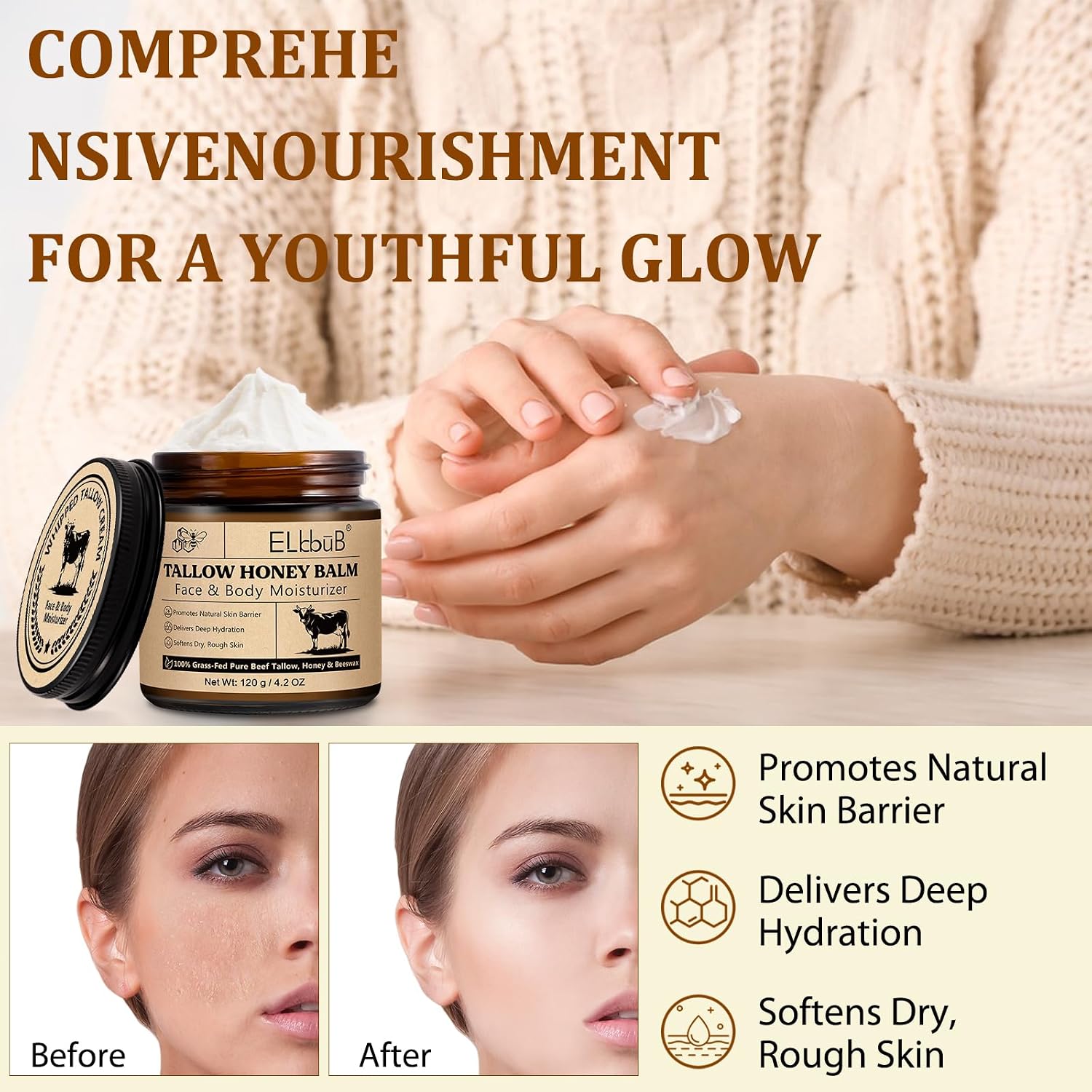 Elbbub Whipped Tallow Cream For Face & Body - 100% Grass-Fed Beef Tallow, Natural Honey & Beeswax Moisturizer, Deep Hydration & Nourishment, Oil-Free & Unscented, Fast Absorbing