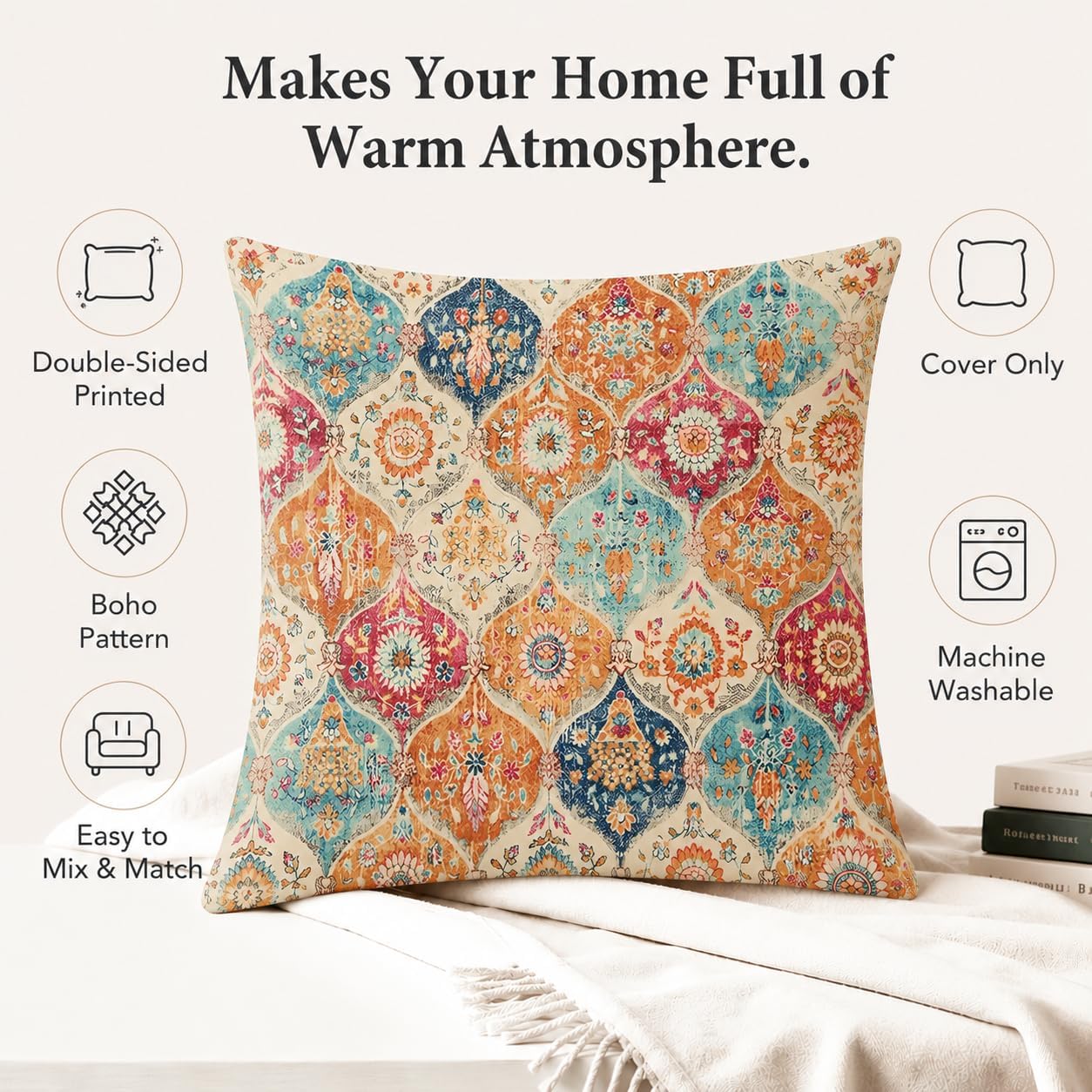 Boho Throw Pillow Covers 18X18 Inch Set Of 2,Soft Pillowcases Bohemia Carpet Printing Pattern Decorative Sofa Living Room Bed Square Pillow Case Cushion Cover-Cream Color