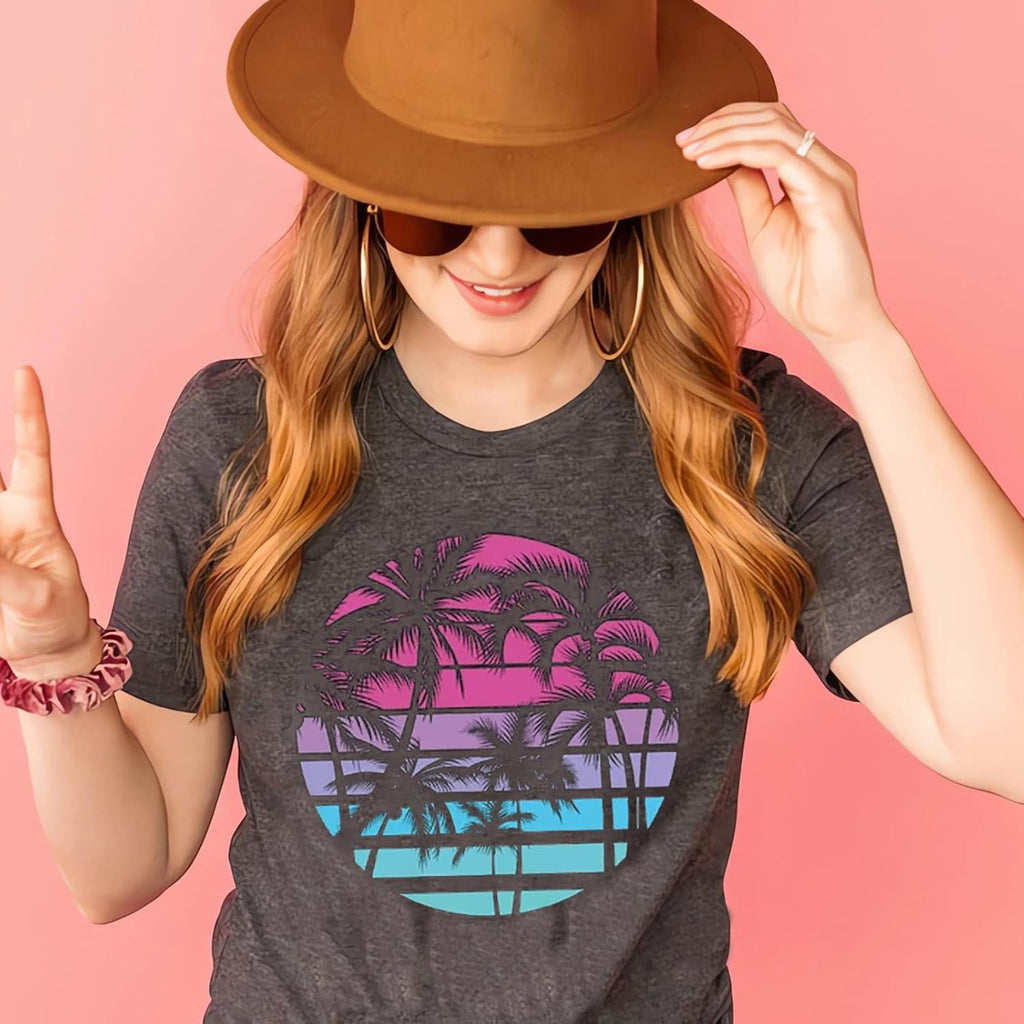 Hawaiian Shirts for Women Palm Trees Beach Graphic Tee Tops Summer Vacation Short Sleeve Tshirt Tops