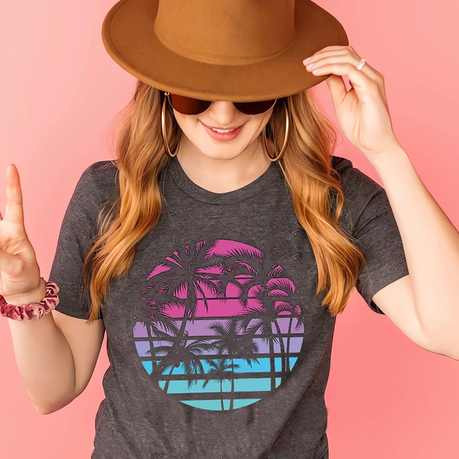 Hawaiian Shirts for Women Palm Trees Beach Graphic Tee Tops Summer Vacation Short Sleeve Tshirt Tops Dark Grey