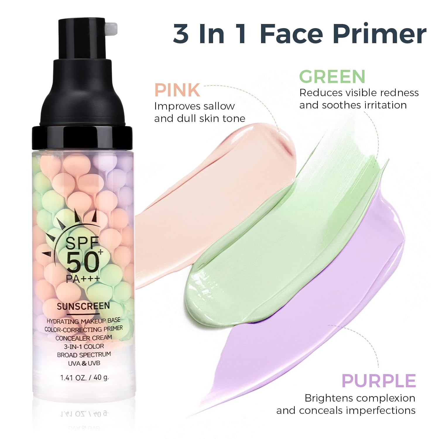Primer For Face Before Makeup【SPF 50】【Even Skin Tone】【Oil Control】Protector Solar Para La Cara Makeup Primer Color Corrector Face Primer Tinted Sunscreen For Face，PinkGreenPurple X1