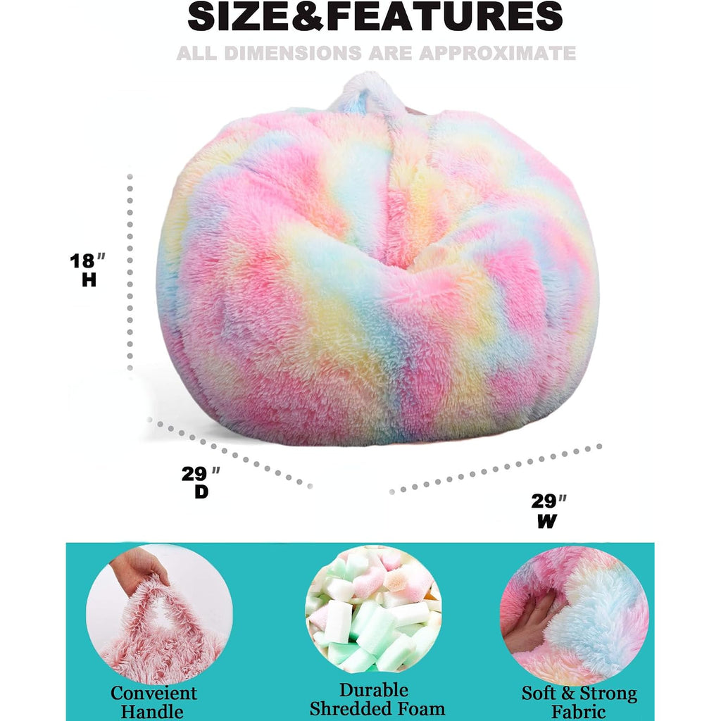 Fluffy Bean Bag Chair For Kids, 2.5Ft Round Memory Foam Filled Bean Bag For Teens & Kids, Ultra Soft Faux Fur Fabric Bean Bag Chairs For Playroom, Living Room, Bedroom, Rainbow