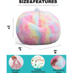 Fluffy Bean Bag Chair For Kids, 2.5Ft Round Memory Foam Filled Bean Bag For Teens & Kids, Ultra Soft Faux Fur Fabric Bean Bag Chairs For Playroom, Living Room, Bedroom, Rainbow