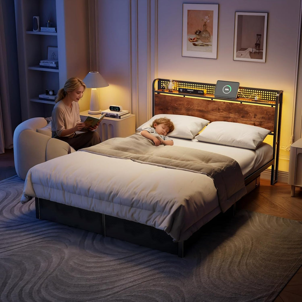 Queen Size Bed Frame With Headboard Storage, Platform Bed Frame Queen Size With 2 Drawers, Charging Station And Led Lights, No Box Spring Needed, Noise Free, Easy Assembly (1200 Lbs Capacity)