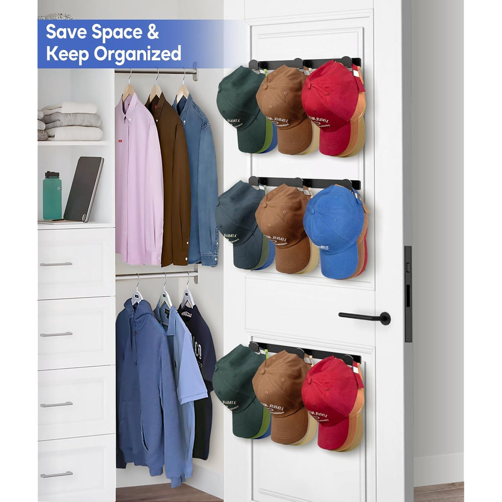 4 Packs Hat Rack For Wall, Hat Organizer For Baseball Caps Holds 36 Hats, 3 Mounting Options Hat Hook Hanger, Strong Baseball Hat Holder Storage, Cap Display For Door, Room, Closet (Black)