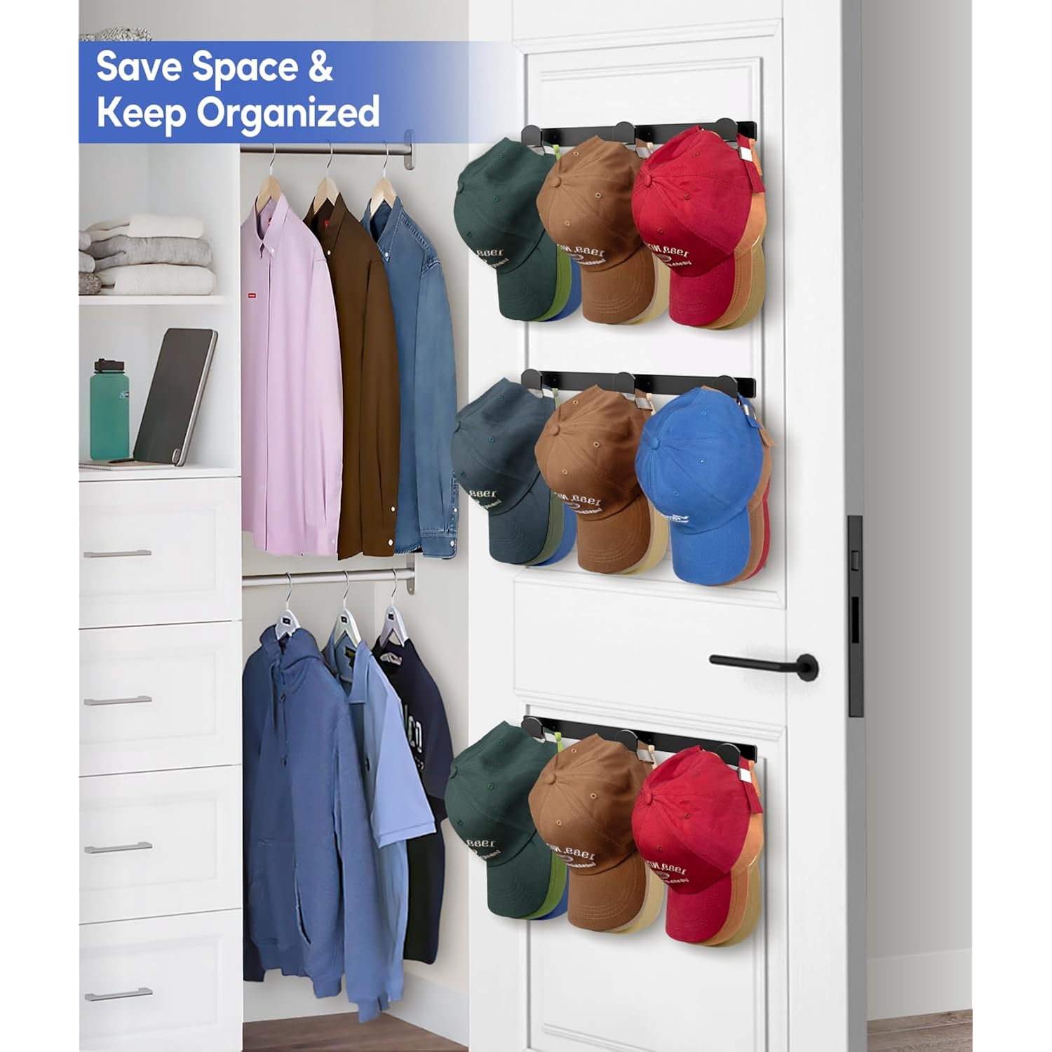 4 Packs Hat Rack For Wall, Hat Organizer For Baseball Caps Holds 36 Hats, 3 Mounting Options Hat Hook Hanger, Strong Baseball Hat Holder Storage, Cap Display For Door, Room, Closet (Black)