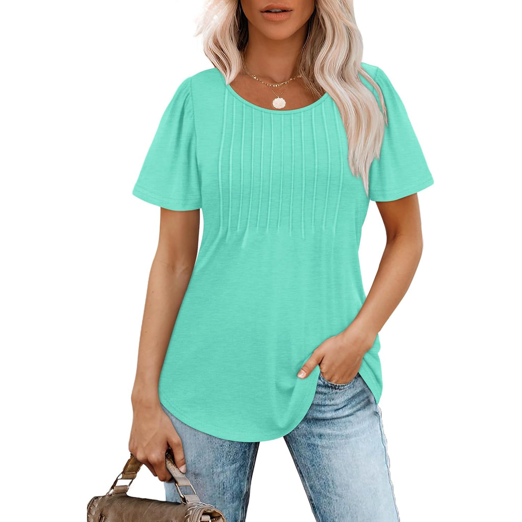 Ofeefan Womens T Shirts Short Sleeve Pleated Dressy Casual Scooped Neck Summer Tops Blouses