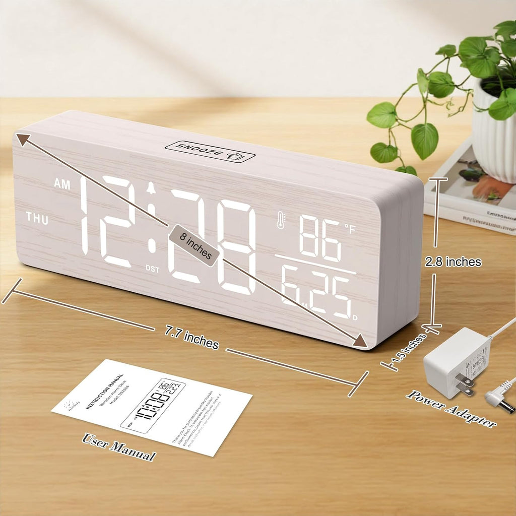 Dreamsky Wooden Digital Alarm Clock With Date & Day Of Week For Bedroom | Large Display Desk Clock For Living Room, Temperature, Dimmer, Adjustable Volume, Auto Dst, Office Wood Décor (Plug-In)