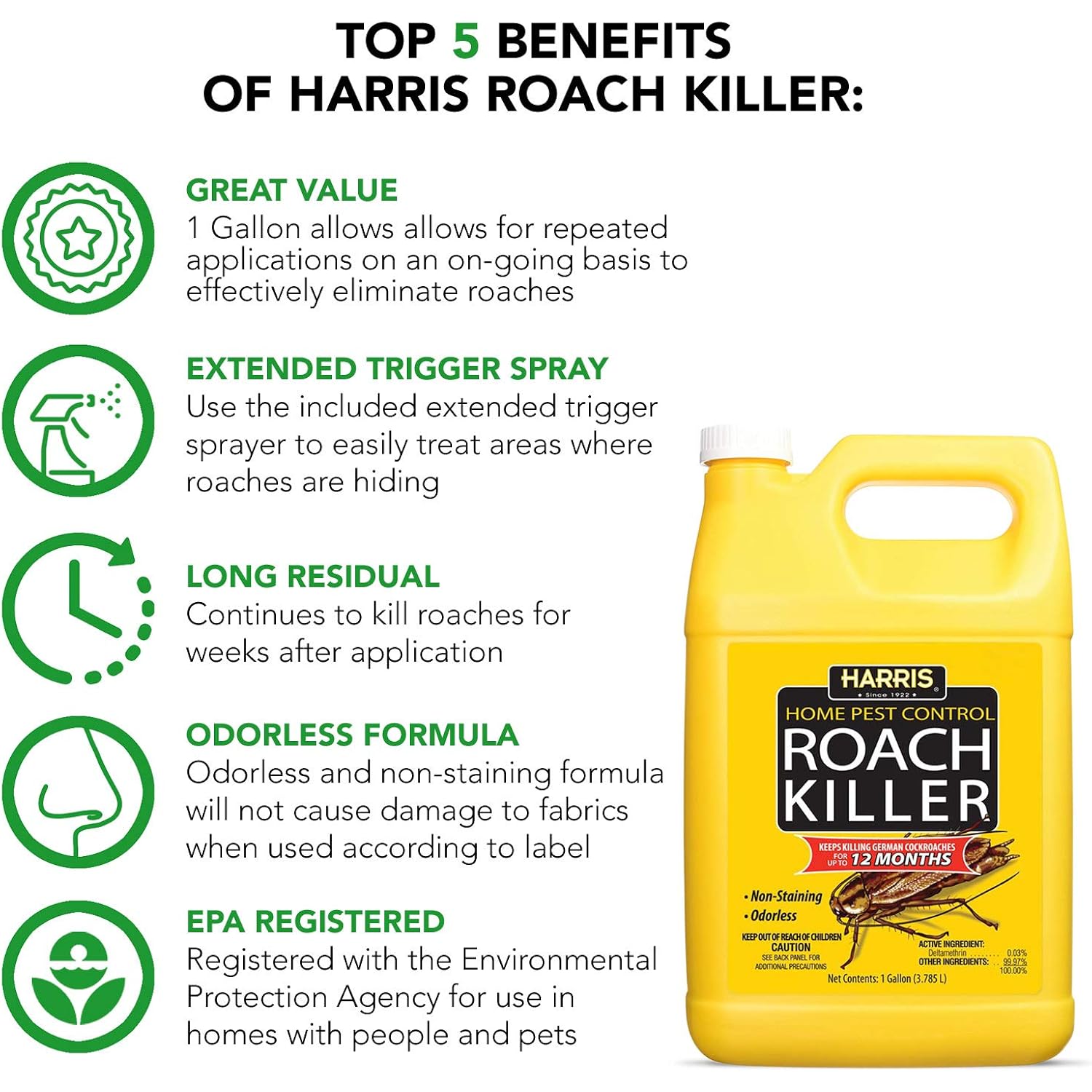 Harris Roach Killer, Liquid Spray With Odorless And Non-Staining 12-Month Extended Residual Kill Formula (Gallon)