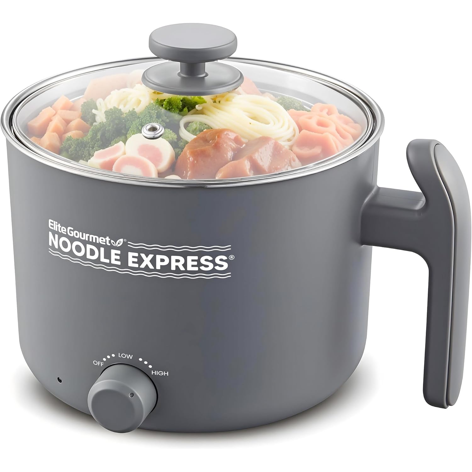 Elite Gourmet NOODLE EXPRESS™ Hot Pot, Prepare Ramen, Rice, Soups, Stews, Boil Water, Stainless-Steel Interior, Glass Lid, High/Low/Off Settings, Grey