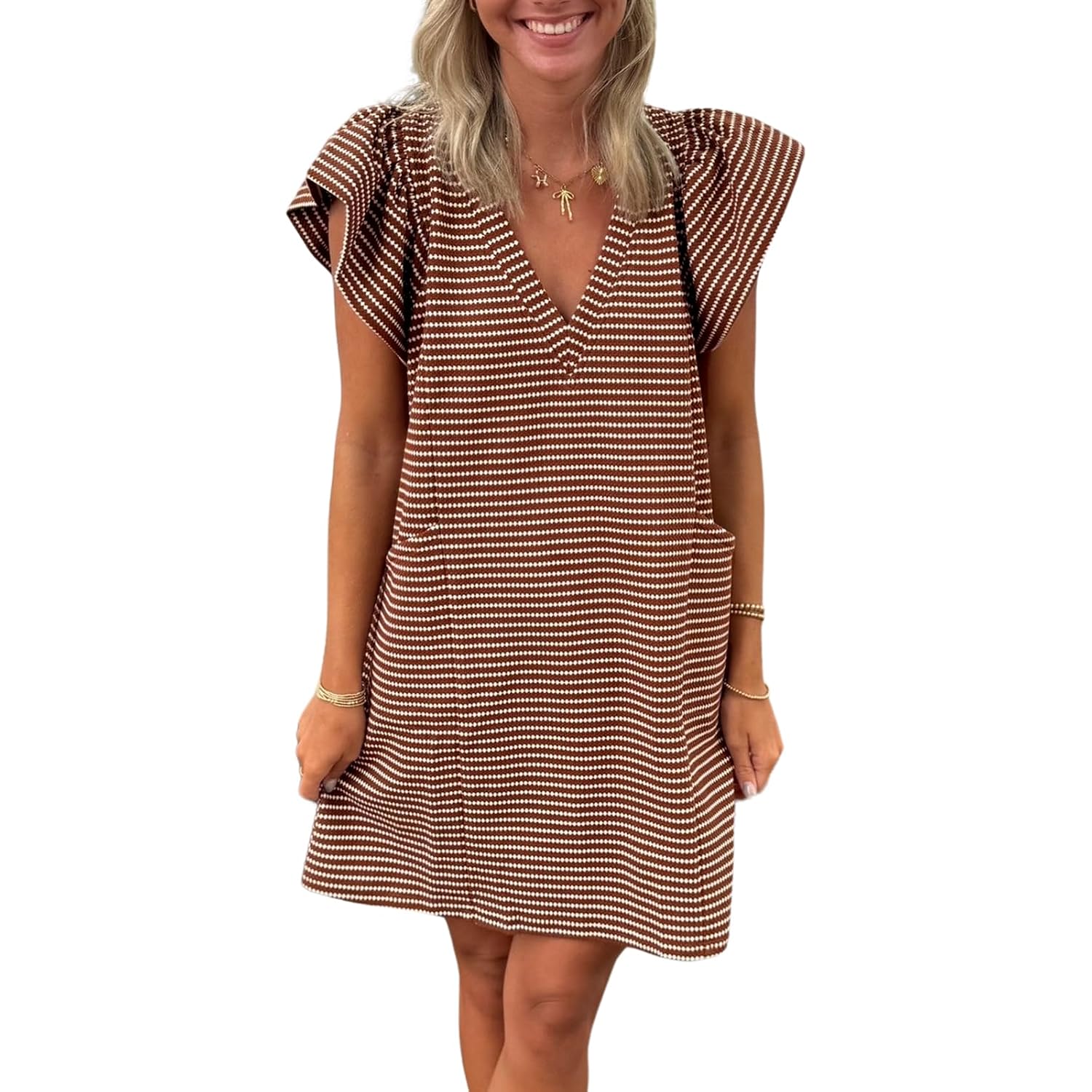 Mieazom Striped V-Neck Mini Dress For Women Puff Sleeve Casual Dress With Pockets, Comfortable & Stylish For Summer