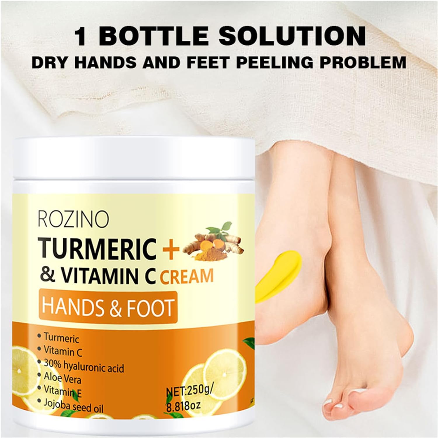 Turmeric & Vitamin C Hand and Foot Cream – Moisturizing Treatment for Dry, Rough Skin – Fast Absorbing, Non-Greasy Formula – Hydrates & Soothes Cracked Heels & Hands (8.8OZ)