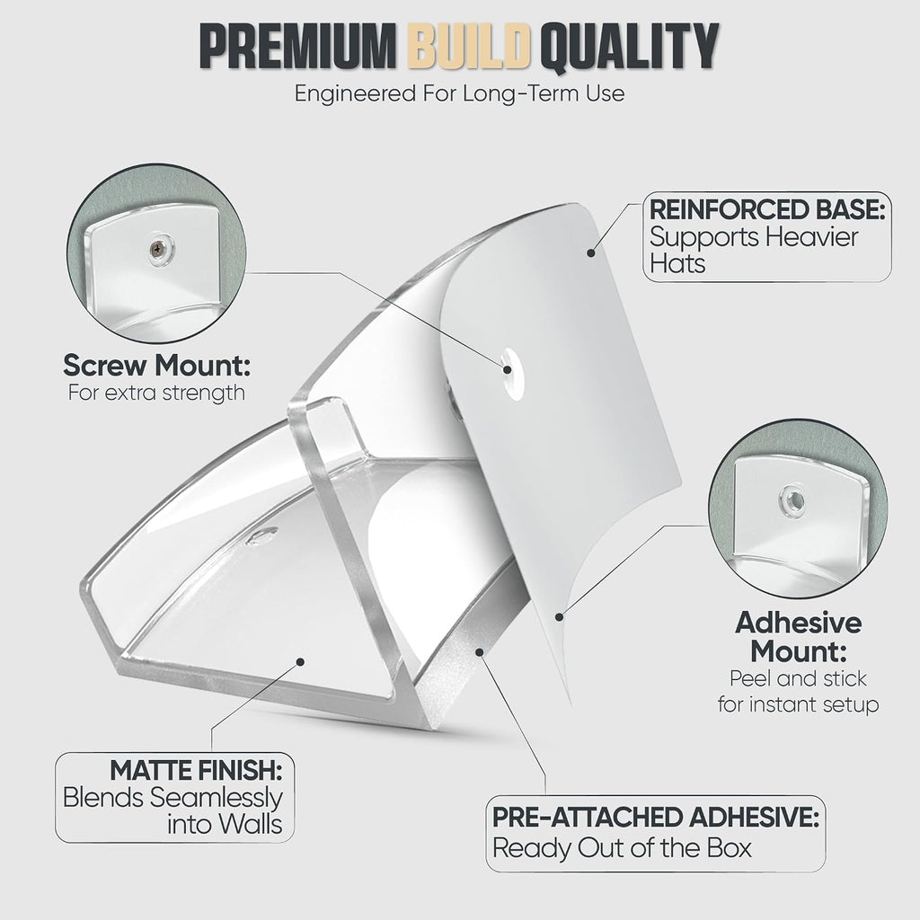 Adhesive Hat Hooks For Wall (6-Pack) - Cowboy Hat Rack, Wide Brim Hat Organizer, Strong Hold Hat Hangers For Wall - Clear
