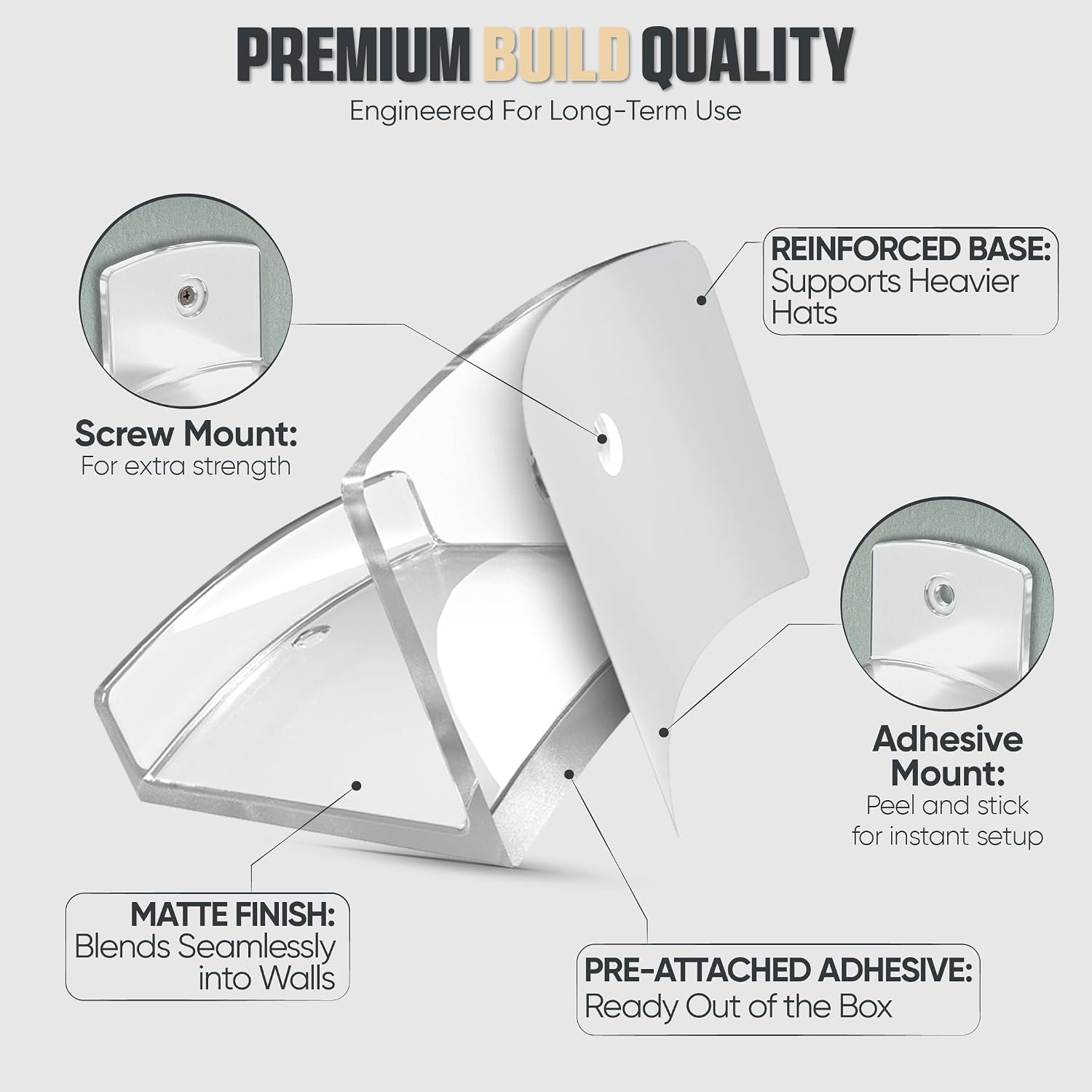 Adhesive Hat Hooks For Wall (6-Pack) - Cowboy Hat Rack, Wide Brim Hat Organizer, Strong Hold Hat Hangers For Wall - Clear