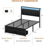 Queen Bed Frame With Charging Station And Led Lights, Grey Upholstered Headboard With Shelves, Metal Platform Bed With 2 Under-Bed Storage (Fabric Drawer On Wheels), No Box Spring Needed