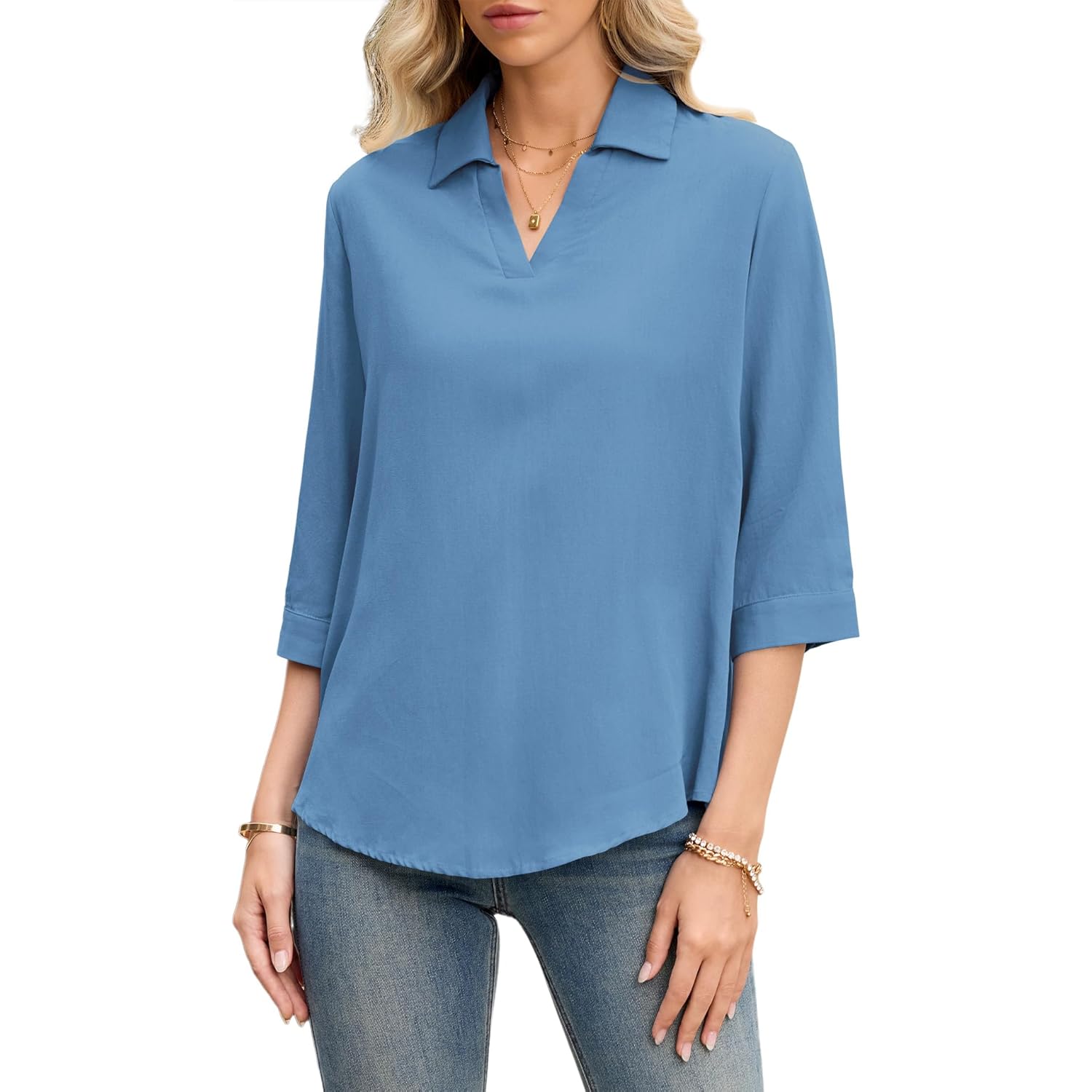 Womens 3/4 Sleeve Tops V Neck Cotton Linen Work Blouse Collared Shirts for Women Business Casual 2026