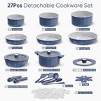 Carote 27Pcs Ceramic Cookware Set Nonstick, Pots And Pans Set Non Stick, Non Toxic Cookware Detachable Handles, Dishwasher/Oven Safe, Rv/Camping Cookware With Kitchen Utensils, Blue