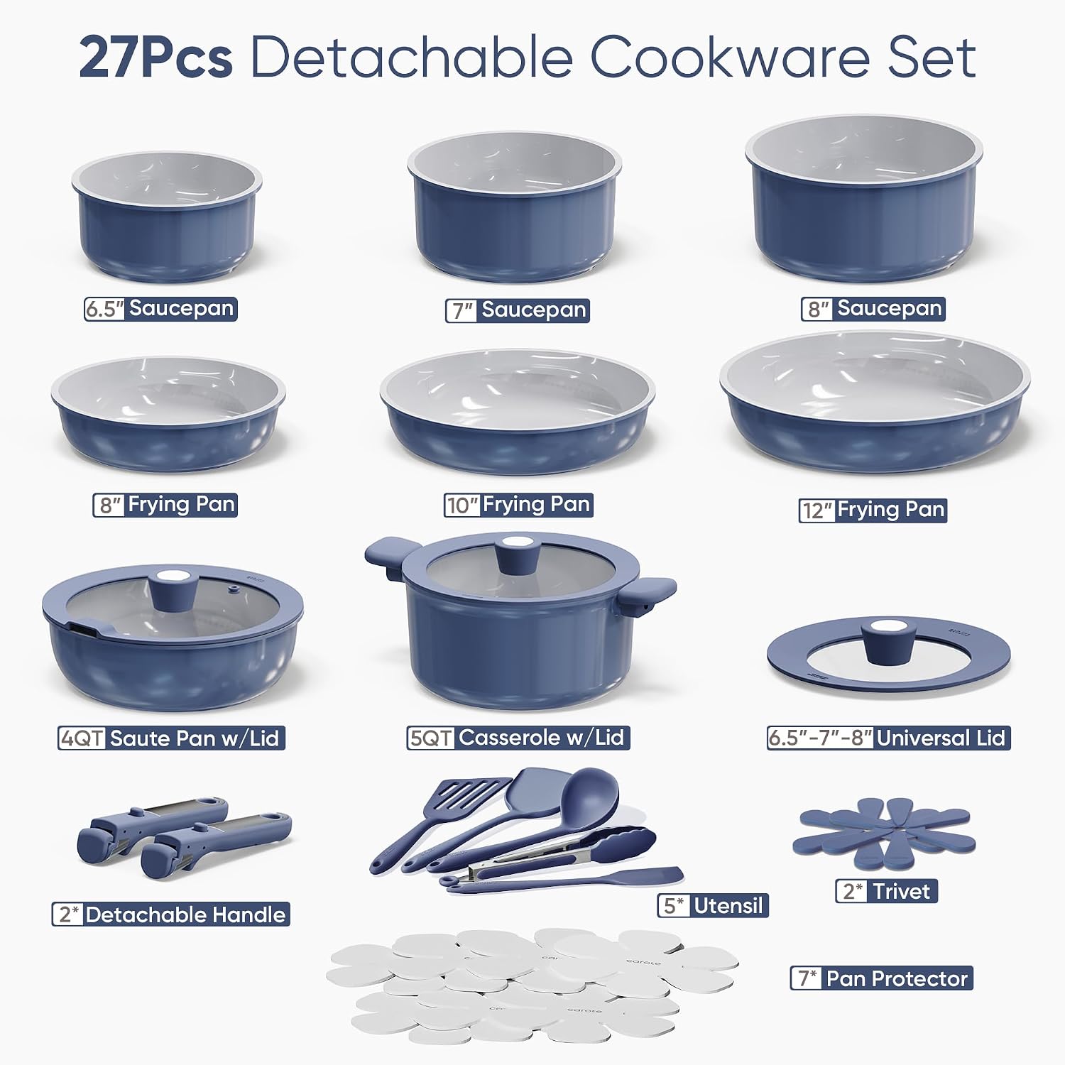 Carote 27Pcs Ceramic Cookware Set Nonstick, Pots And Pans Set Non Stick, Non Toxic Cookware Detachable Handles, Dishwasher/Oven Safe, Rv/Camping Cookware With Kitchen Utensils, Blue