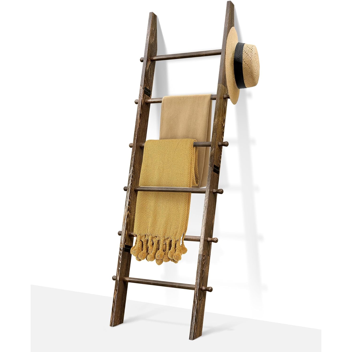Teakmama 6-Tier 5.4Ft Blanket Ladder With Hanging Knobs Rustic Brown | Farmhouse Wall Leaning Solid Wood Scratch & Slip Proof Quilt Rack, Living Room Bedroom Bathroom, Xmas Deco, Easy Setup
