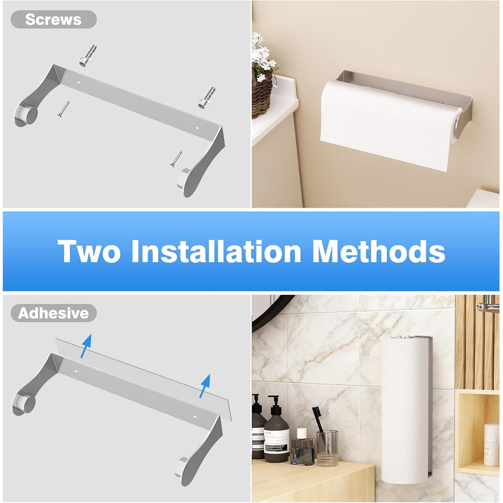Paper Towel Holder Under Cabinet, Stainless Steel, Adhesive Or Screw Mount, Fits Standard & Mega Rolls, Wall Mount Rack For Kitchen, Bathroom, Rv, Silver