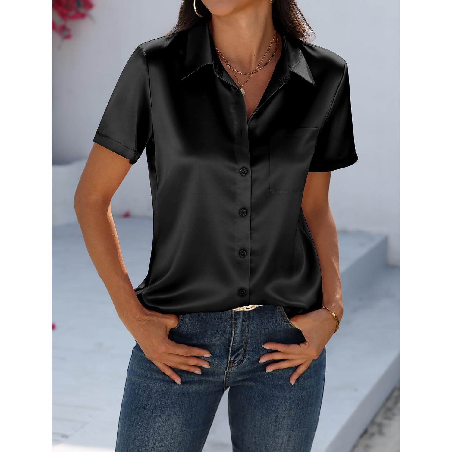Zeagoo Satin Blouses For Women Silk Button Down Shirts Short Sleeve Business Casual Tops