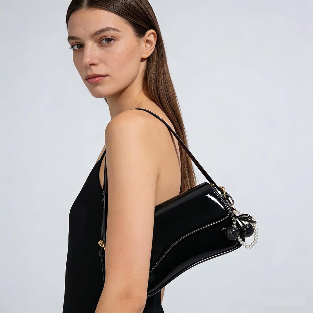 Black Purses for Women Trendy, Y2K Faux Leather Clutch Purse with Cherry Pendant,Crossbody Shoulder Bag and Handbags