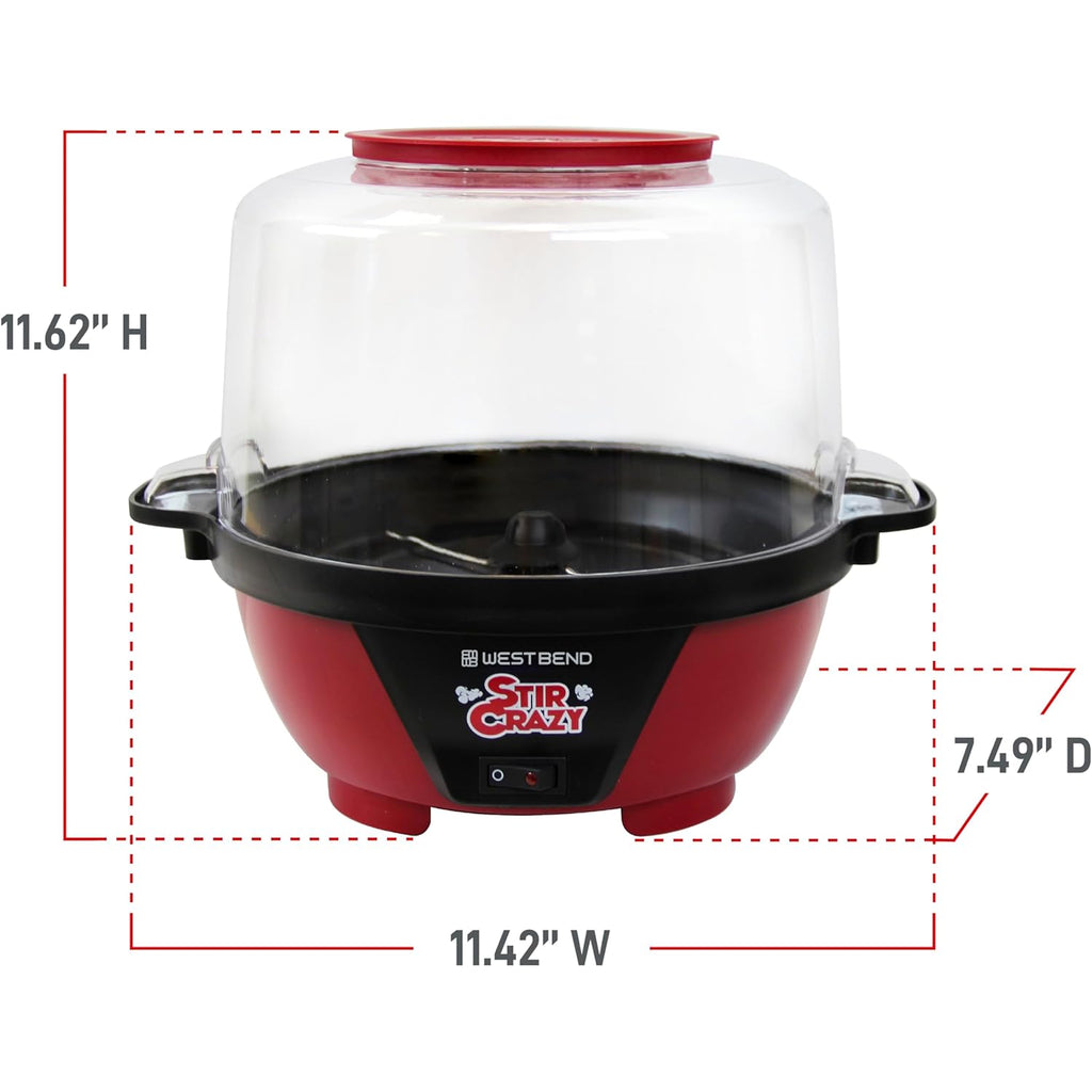West Bend Stir Crazy Hot Oil Popcorn Popper, Popcorn Maker Machine with Large Serving Bowl Lid and Stirring Rod Perfect for Movie Night Snack Time or Parties, 6-Quart, Red